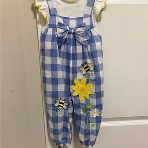 Cracker Barrel Blue and White Checkered Kids Romper with Floral and Bee Accents